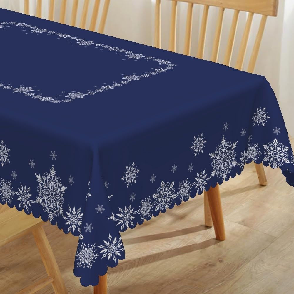 TTQYFNM 52x70inches Christmas Tablecloth Navy Blue and White Snowflakes Decorative Table Cloth Washable and Reusable Fabric Table Cover for Kitchen Dining Winter Holiday Xmas New Year Party Decor