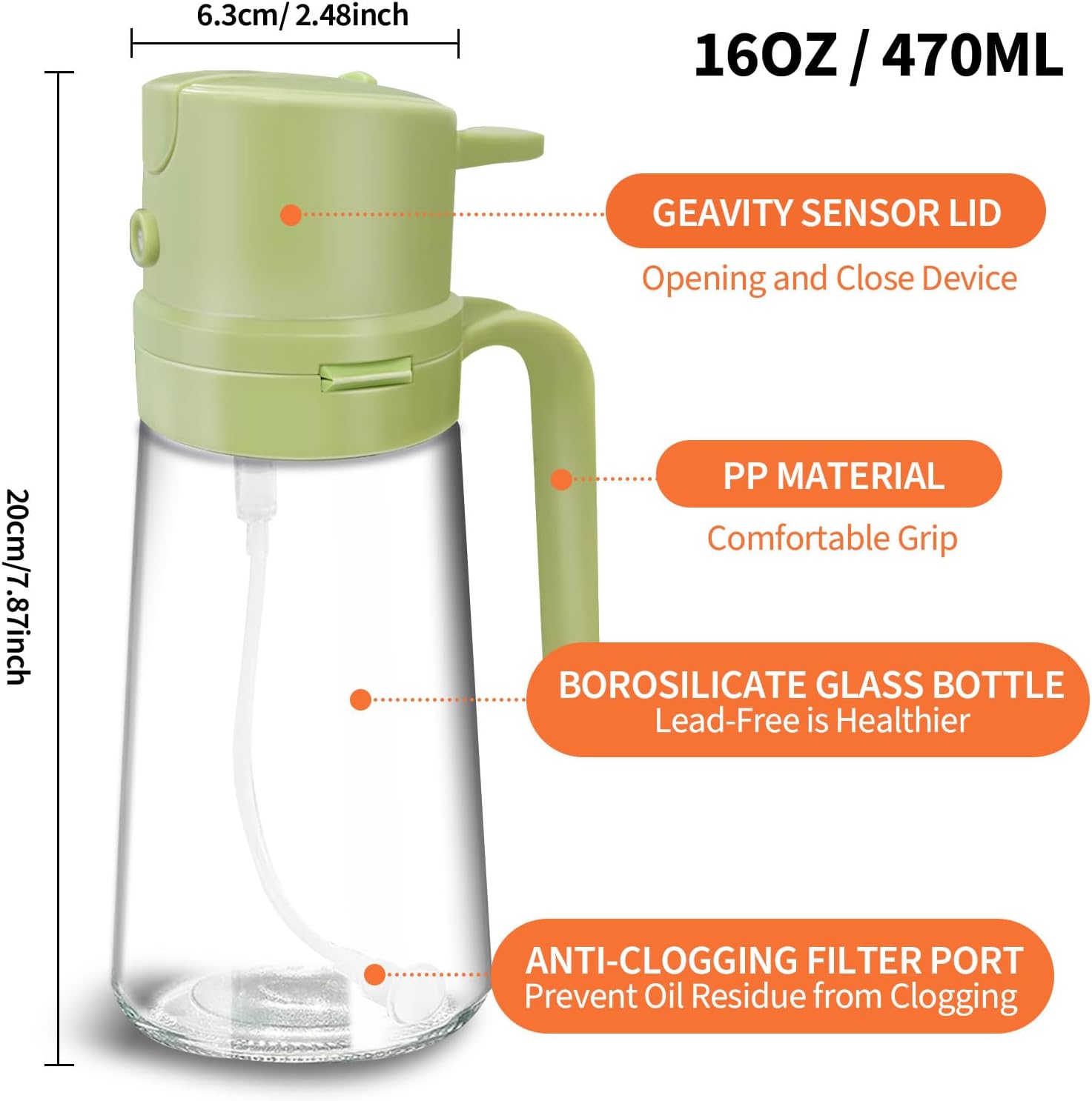 YARRAMATE Oil Sprayer - 16oz Easy Refillable Glass Dispenser for Cooking | Food-Grade, Green