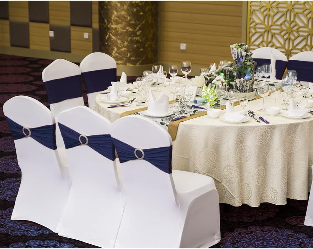 Skiennix 50 Pack Navy Blue Stretch Spandex Chair Sashes - Elastic Bands with Slider Buckles for Weddings & Events