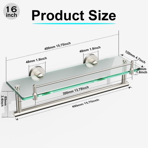 KOCOK Floating Tempered Glass Bathroom Shelf with Towel Bar - Brushed Nickel & Stainless Steel, Wall Mount 16 Inch