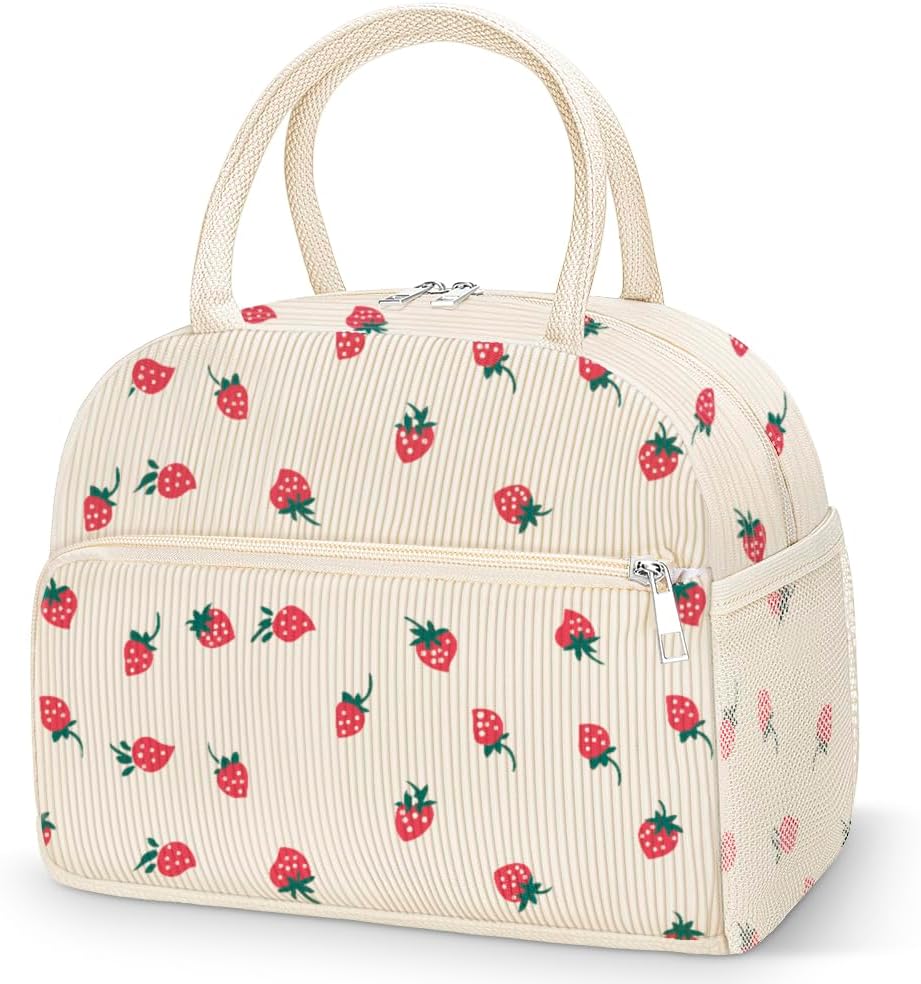 Coobiiya Insulated Corduroy Lunch Bag - Cute Strawberry Design | Large Capacity Tote for Work & Travel