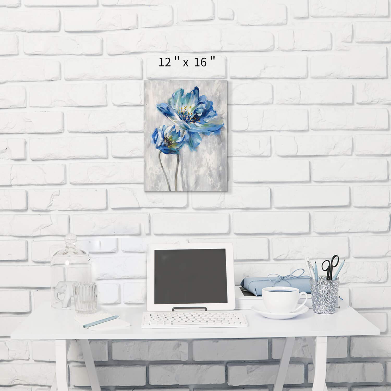 Blue Flowers Pictures Wall Art: Abstract Floral Artwork Wall Decor Print on Canvas (36"x24")