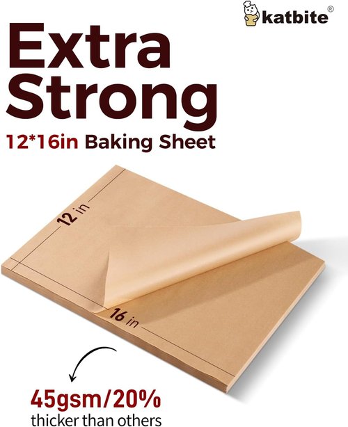 Katbite Unbleached Parchment Paper - 200 Precut Sheets, 12x16 Inches | Heavy-Duty Baking Paper for Cookies & Cooking