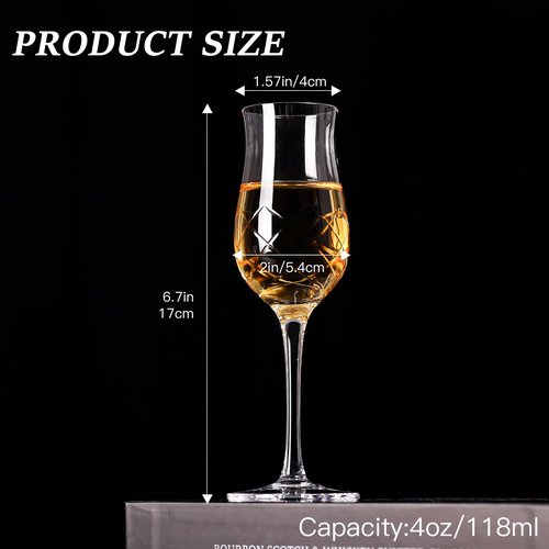 Engraved Crystal Snifter Glasses for Whiskey, Brandy & Cognac – Set of 4 Small 4oz Tulip Copitas – Elegant Cut Glass Tasting Glasses for Neat Liquor & Spirits