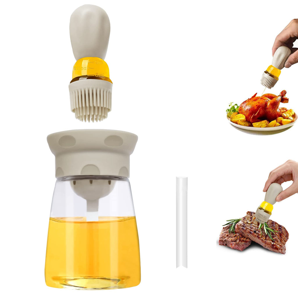Oil Dispenser Bottle with Brush - 2 IN 1 Glass Olive Oil Storage and Container with Silicone Basting Brush for Kitchen BBQ Grilling Baking and Cooking, T-OB22, Grey
