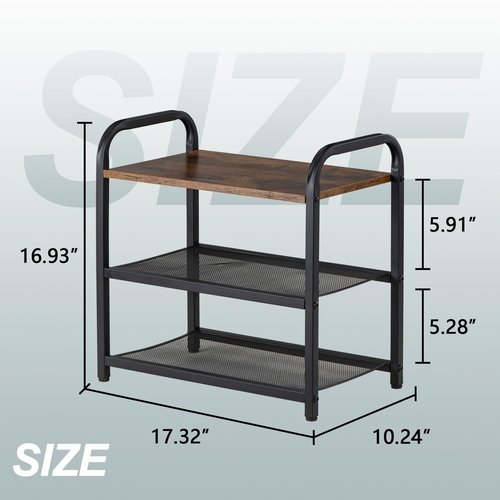 RUNJIMY 3-Tier Shoe Rack, Heavy-Duty Metal Grid, Rustic Wooden Top & Guardrails - for Entryway, Closet, Bathroom (Holds 6 Pairs, Space-Saving)