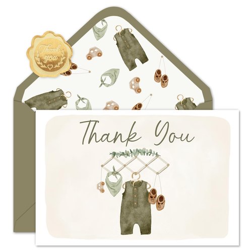 Whaline 50 Pack Baby Shower Thank You Cards Boxed Vintage Green Cloth Note Cards with Envelopes Stickers Greeting Blank Cards for Birthday Baby Shower