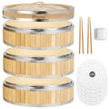 AutJrny 11.8-Inch Vertical Bamboo Steamer Basket, 3-Tier with Stainless Steel Rings | 50 Liners, Sauce Dish & 2-Chopsticks | Cooking Pot for Buns Dumplings Rice Vegetables Dim Sum