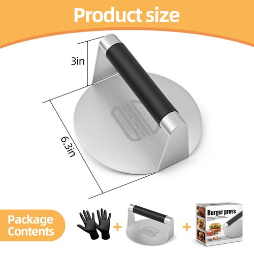 304 Stainless Steel Smash Burger Press with Heat-Resistant Gloves for Burger Lovers: Prevent From Getting Burned - 6.3 Inches Non Stick Hamburger Smasher Tool for BBQs and Cookouts - Dishwasher Safe