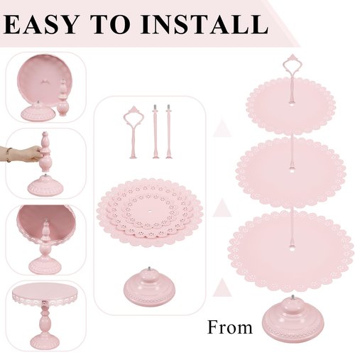 JALANCY Set of 9 Cake Stands Metal Cupcake Stand Set Multiple Styles Candy Fruit Display Tower Dessert Plate Cake Serving Tray for Birthday Party Wedding Anniversary Baby Shower Engagement (Pink)