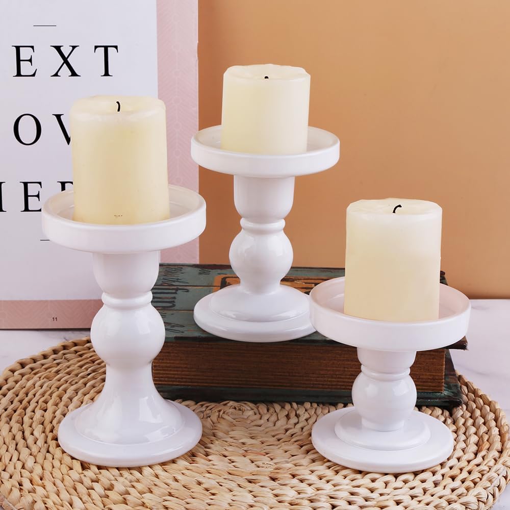 Skiennix 3-Piece White Glass Candlestick Set - Elegant Crystal Holders for Weddings & Decor