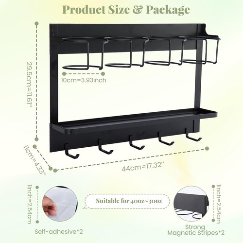 CINPIUK Water Bottle Organizer Holder, Magnetic Cup Rack Storage for Stanley & Large Tumbler, Space Saving Wall Mount Bottle Organizer with 5 Hook, Easy to Install, Black