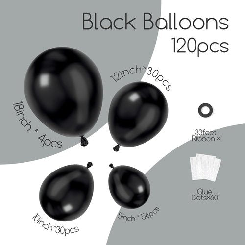 Awenztech Black Balloon Arch Kit - 120 Pcs of 5-18 Inch Latex Balloons for Graduation & Birthday Decor