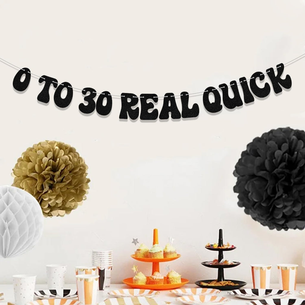 0 to 30 Real Quick Banner Here Lies My Youth Banner Cheers to 30 Years Party Decoration Funny Thirty Birthday Party Supplies Black Glitter