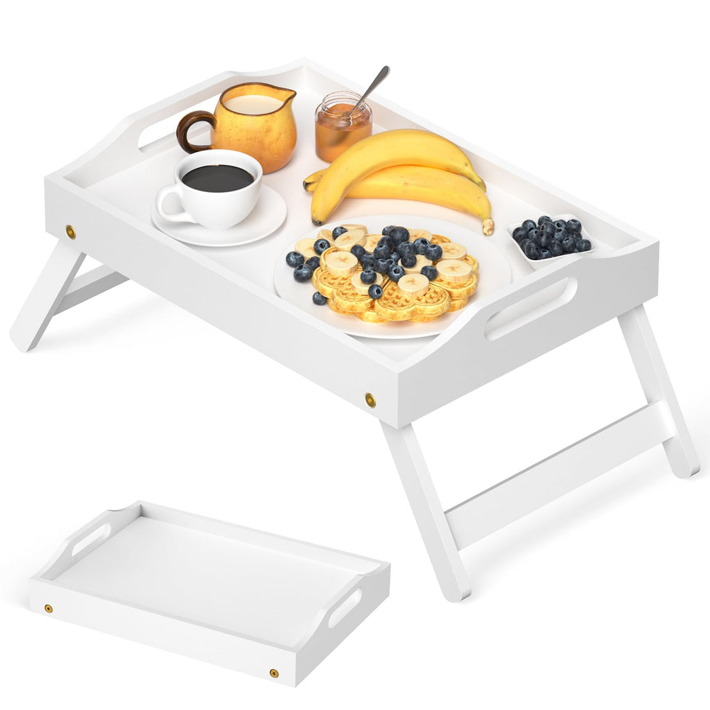 Mayyol Breakfast Bed Tray for Eating - Foldable Food Laptop Table - Portable Bamboo Raised Serving Tray - Snack Platter with Folding Legs, Eating for Bedroom, Picnic, Sofa - Black