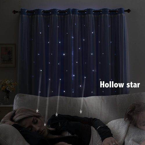 indistar Star Cutout Kids Window Blackout Curtains for Girl Bedroom Window Room Darkening Curtains & Drapes Baby Nursery Curtains (2 Panel,52Wx63L inch,Blue)
