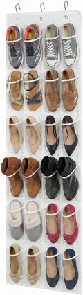 Flexzion Over The Door Shoe Organizer - 24 Clear Pocket Hanging Shoe Rack for Space-Saving Storage (White)