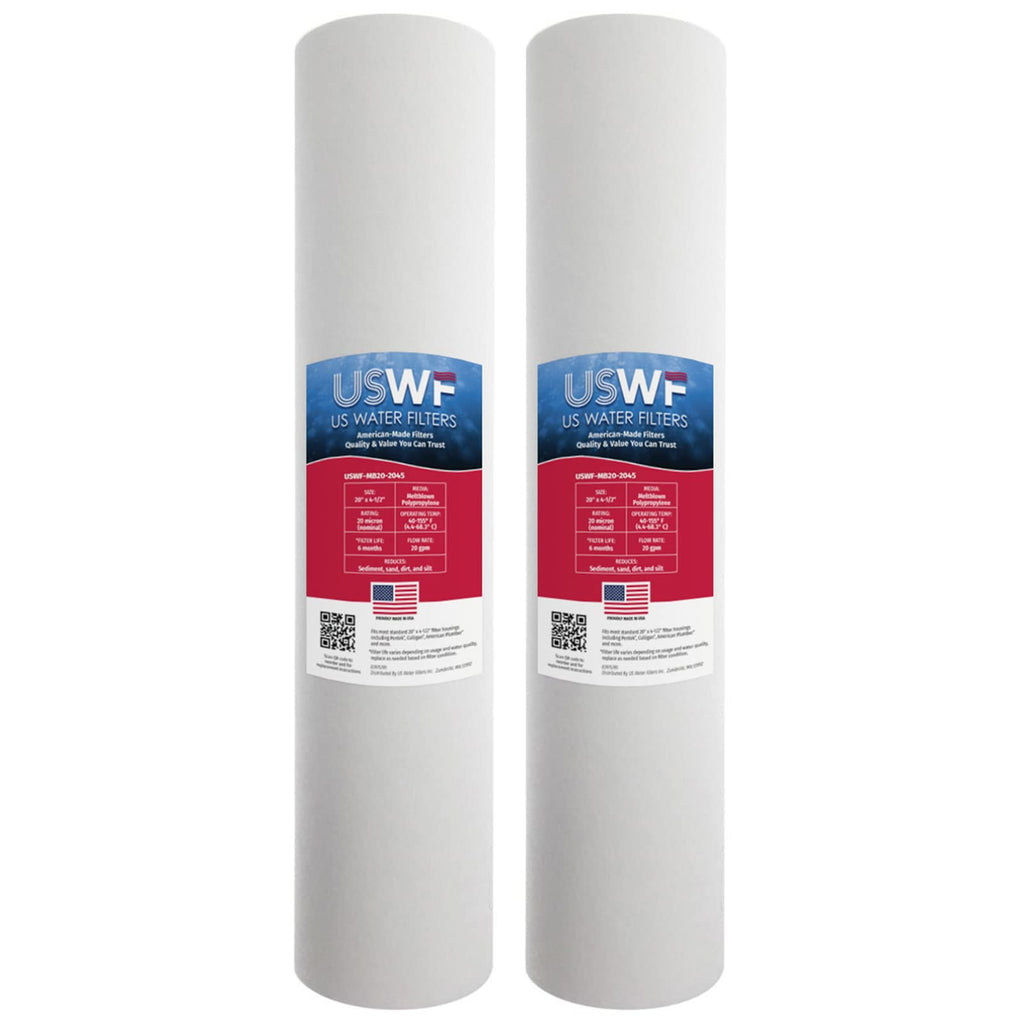 20 Micron 20 Inch x 4.5 Inch | 2-Pack Melt Blown Polypropylene Whole House Sediment Cartridge | Compatible with Pentek DGD-7525-20, Hydronix SDC-45-2020 | Made in the USA, US Water Filters