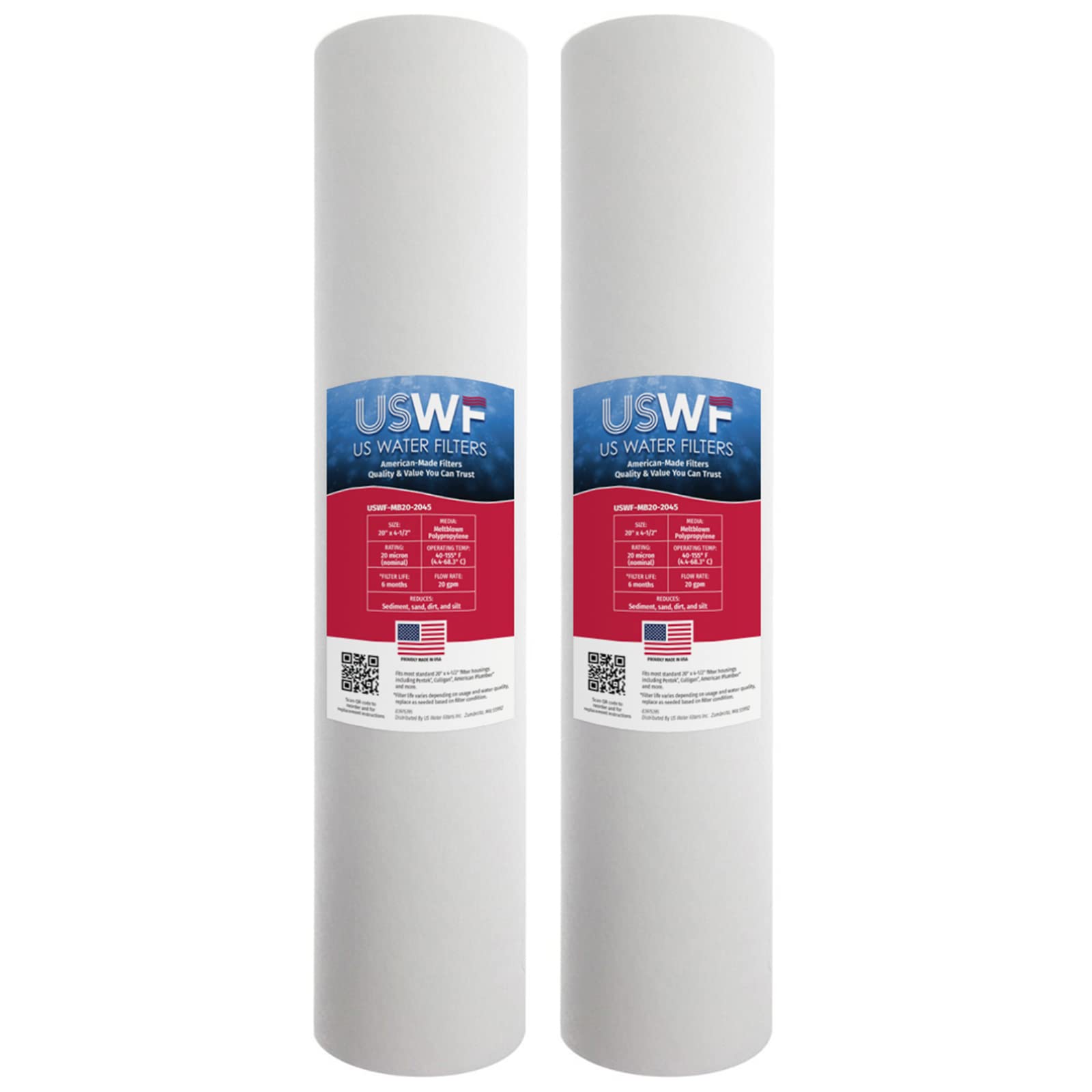 20 Micron 20 Inch x 4.5 Inch | 2-Pack Melt Blown Polypropylene Whole House Sediment Cartridge | Compatible with Pentek DGD-7525-20, Hydronix SDC-45-2020 | Made in the USA, US Water Filters