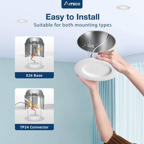 Amico 1 Pack 5/6 inch 5CCT LED Recessed Lighting, Dimmable, IC & Damp Rated, 12.5W=100W, 950LM Can Lights with Baffle Trim, 2700K/3000K/4000K/5000K/6000K Selectable, Retrofit Installation - ETL & FCC