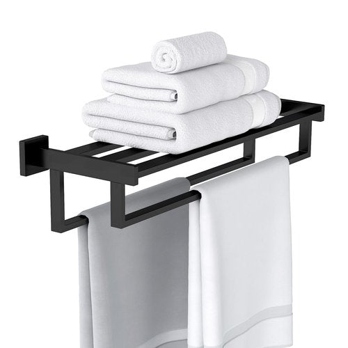Bathroom Towel Rack with Double Towel Bar, 24 Inch Towel Racks for Bathroom Wall Mounted, Hand Towel Hanger Stainless Steel Towel Shelf Rack Bathroom Towel Storage, Black
