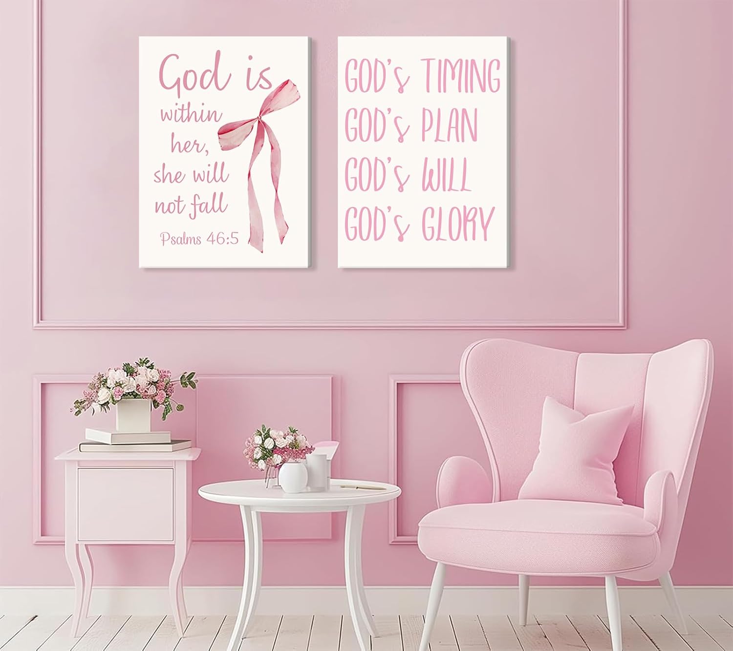 Coquette Pink Bow Canvas Wall Art - Inspirational Bible Verses for Girls' Room Decor | 12"x16" Framed Print