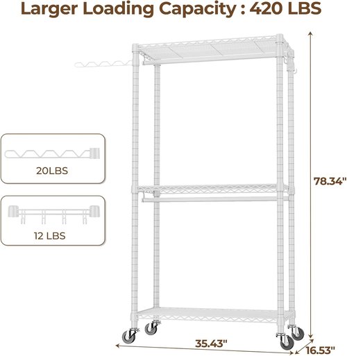 HYSEYY Heavy Duty Portable Closet - Adjustable Garment Rack with 4 Rods & Shelves | 73.6" L x 17.3" W x 76.4" H (White)