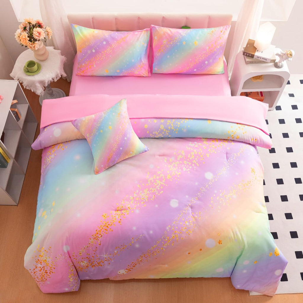ASKOTU Full Size Bedding Sets for Girls, 6 Pcs Bed in A Bag Full Glitter Galaxy Bedding Set, Girls Pink Rainbow Comforter Set with Sheets