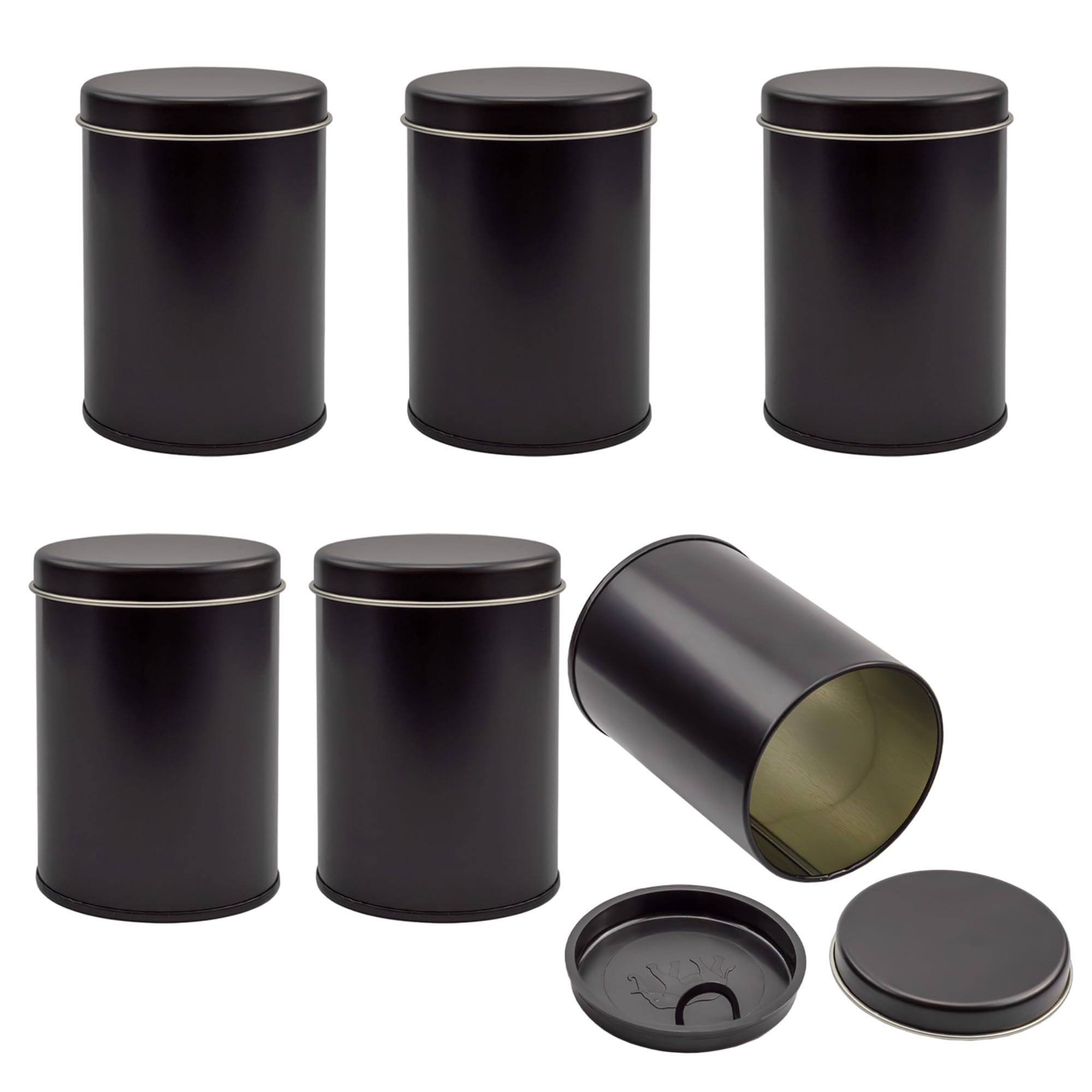 Cornucopia Brands Double Seal Tea Canisters (6-Pack); Black Metal Round Tea Tins w/ Interior Molded Plastic Seal