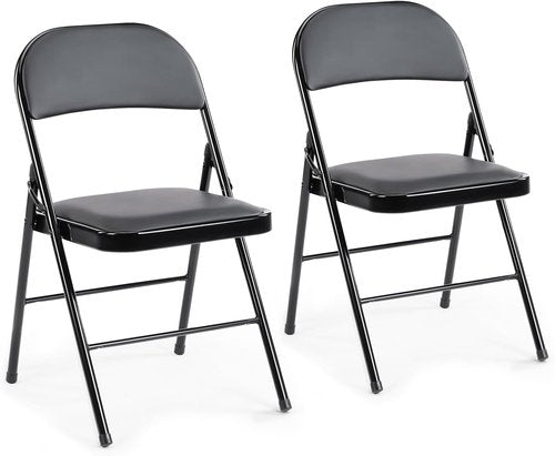 DUMOS Leather Padded Folding Chairs - Portable Stackable Steel Frame Seats for Home & Office | Black, 2 Pack