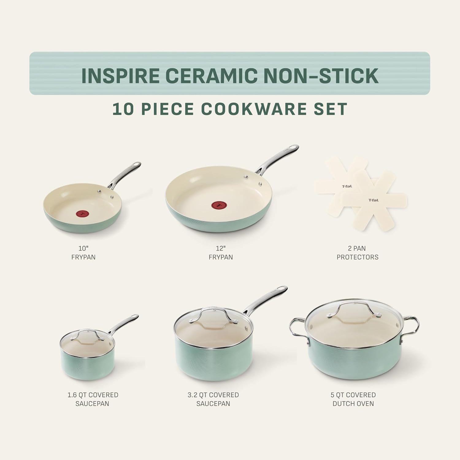 T-Fal Inspire Nonstick Ceramic Cookware Set - 10-Piece, Oven Safe to 500°F, Mint Green Pots & Pans