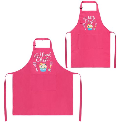 XLSXEXCL 2 Pcs Adults Kids Matching Apron Set, Funny Mommy and Me Aprons, Adjustable Kitchen Apron with 2 Pockets, Parent and Child Matching Gift for Cooking, Baking, Painting (Head Chef-Little Chef)
