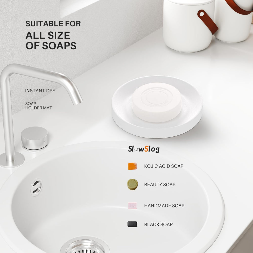 Slow Slog 2 Pack Diatomite Soap Dish Holder, Quick Dry Stone Bar Holder, Water Absorbent Bath Dish Holder, Diatomaceous Earth Soap Tray for Hand Soap, Sponge Organizer, White