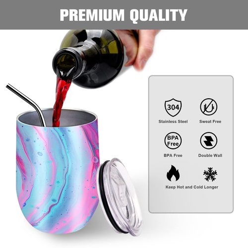 BetterSub12 oz Sublimation Wine Tumblers, Double Wall Insulated Stainless Steel Sublimation Cups with Lid, Metal Straw, Brush, Individually Display Box, White (12 Packs White)