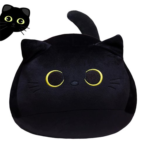 AUTOKAKUM Black Cat Plush Pillow Soft Plushies Toy Cute Cat Stuffed Animal Toys 3D Cat Plushies Pillow for Home Decoration Cats Plush Doll Gift for Boys Girls (9inches Cat)