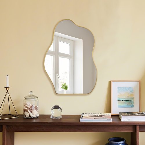 BOMINICA Irregular Wall Mirror Asymmetrical Mirror, Decorative Wall Mirror Golden Wood Framed, Wall Mounted Mirror for Bathroom Living Room Entryway Bedroom Hallway (Gold, 20" x 28")