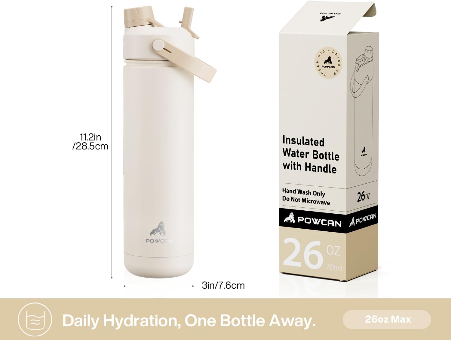 POWCAN Insulated Water Bottle - 26 oz Stainless Steel with 2-in-1 Straw & Spout Lid | Keeps Drinks Cold 24H, Leak-Proof, Fits Car Cup Holder (Ivory Porcelain)