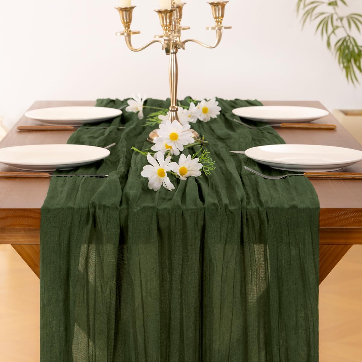 Socomi Olive Green Cheesecloth Table Runner - 120 Inch Boho Rustic Decor for Weddings & Events