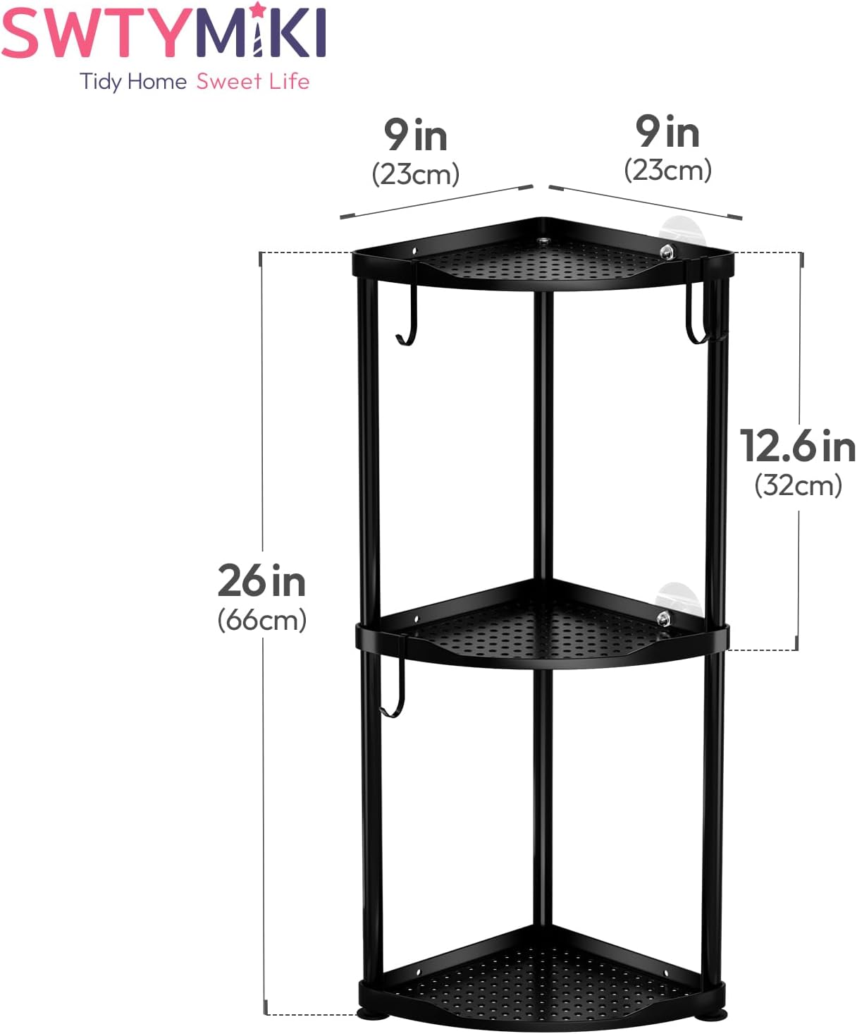 SWTYMIKI Corner Shower Caddy - 3-Tier Stainless Steel Organizer Stand with Hooks | Rustproof Bathroom Storage, Black