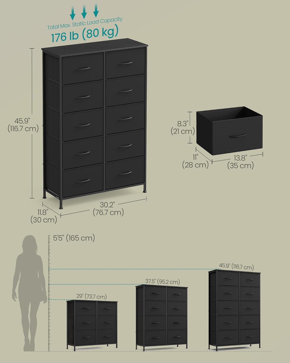 SONGMICS Dresser - Rustic Brown & Ink Black Chest of Drawers with 10 Non-Woven Fabric Bins | Stylish Storage Organizer for Bedroom & Entryway