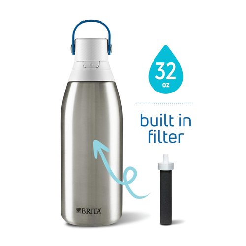 Brita Insulated Filtered Water Bottle with Straw (32 Ounce) and Water Filter Replacements (6 Count)