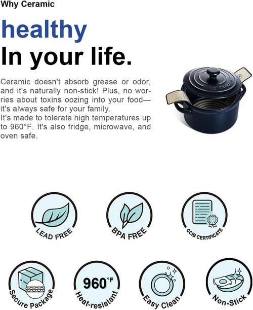 LE TAUCI 3 Qt Ceramic Dutch Oven - Lightweight, Non-Toxic & Dishwasher Safe for Bread Baking | Midnight Blue