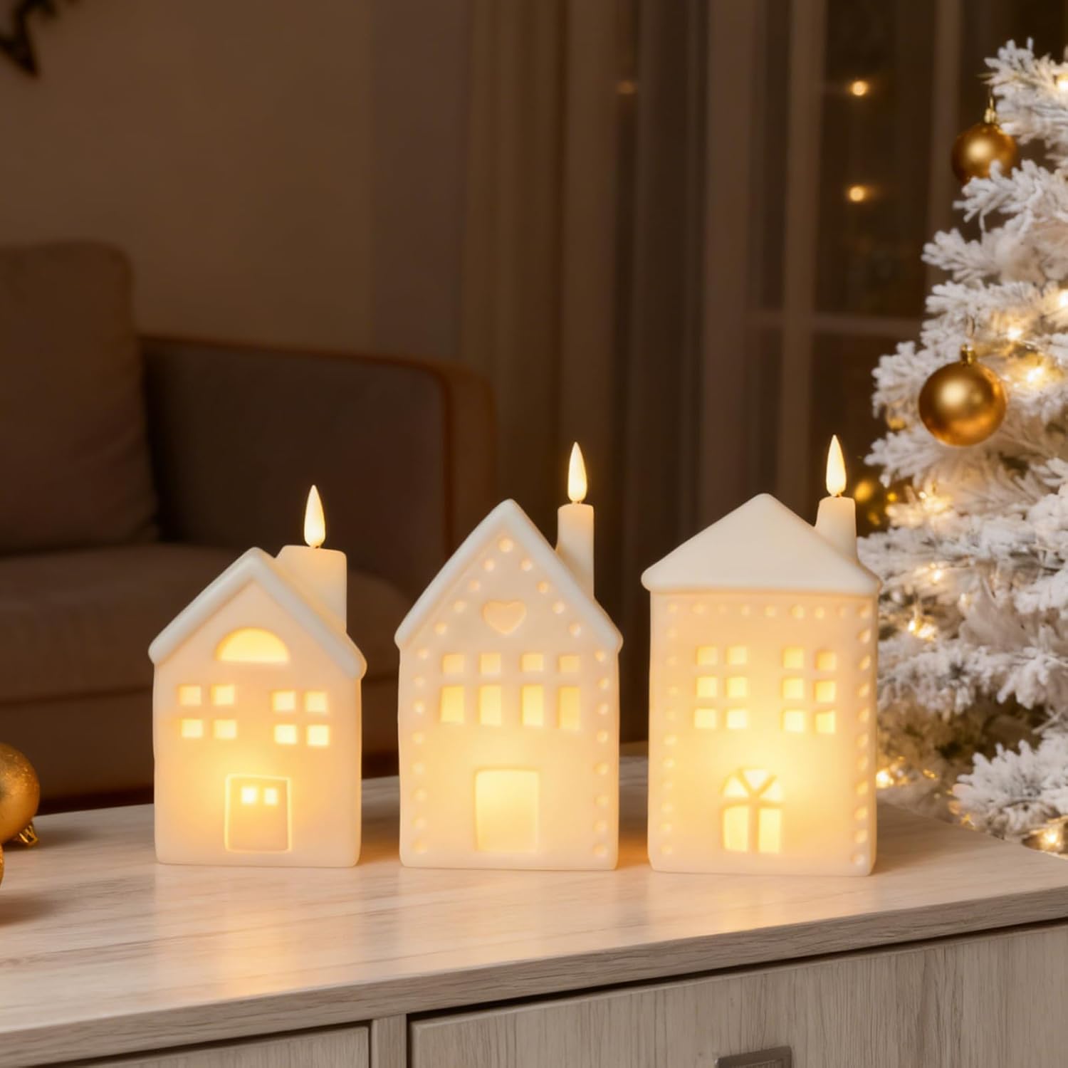 WDS WONDROUS Ceramic Christmas Village Set - Light-Up Tabletop Decor | Set of 3 Flameless Candle Houses