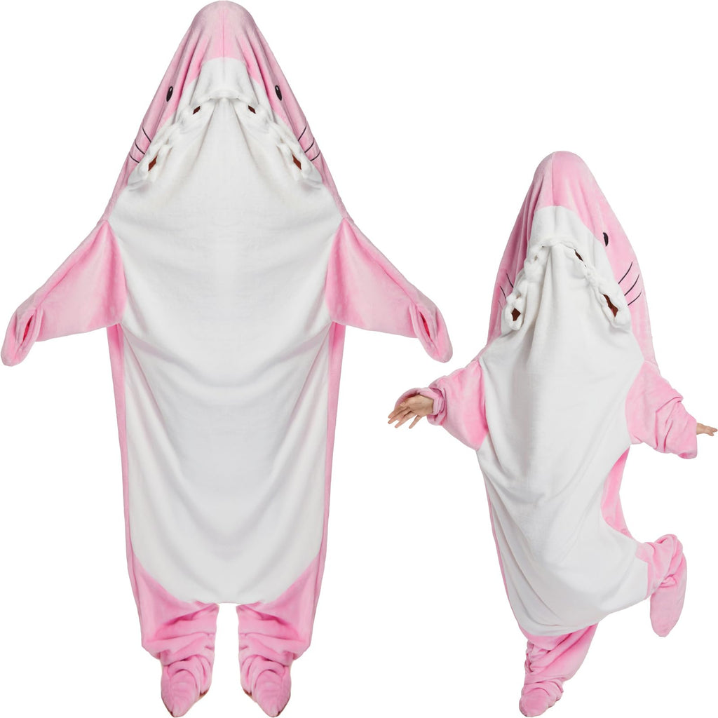 Shark Blanket Hoodie Onesie for Adult Kids, Cozy Flannel Throw Wearable Blanket, Cartoon Animals Shark Onesie Shark Costume (Pink, Large)