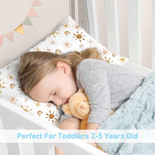 Babebay Toddler Pillow - 13x18 Machine Washable Kids Pillow with Case | Perfect for Travel - Sunshine Rainbow