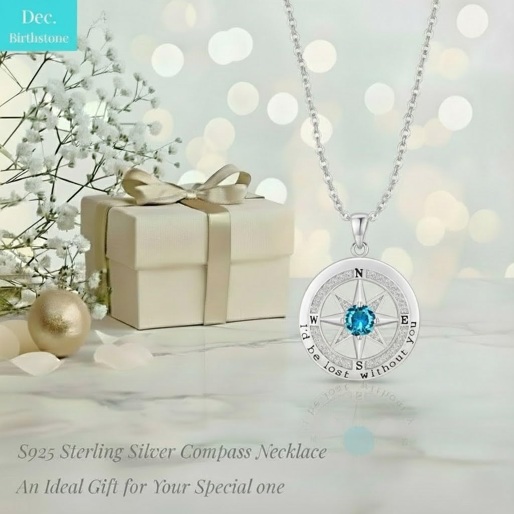 Skiennix Compass Necklace - S925 Sterling Silver Jewelry for Women | Elegant Rose Gold Gift with 12 Birthstones