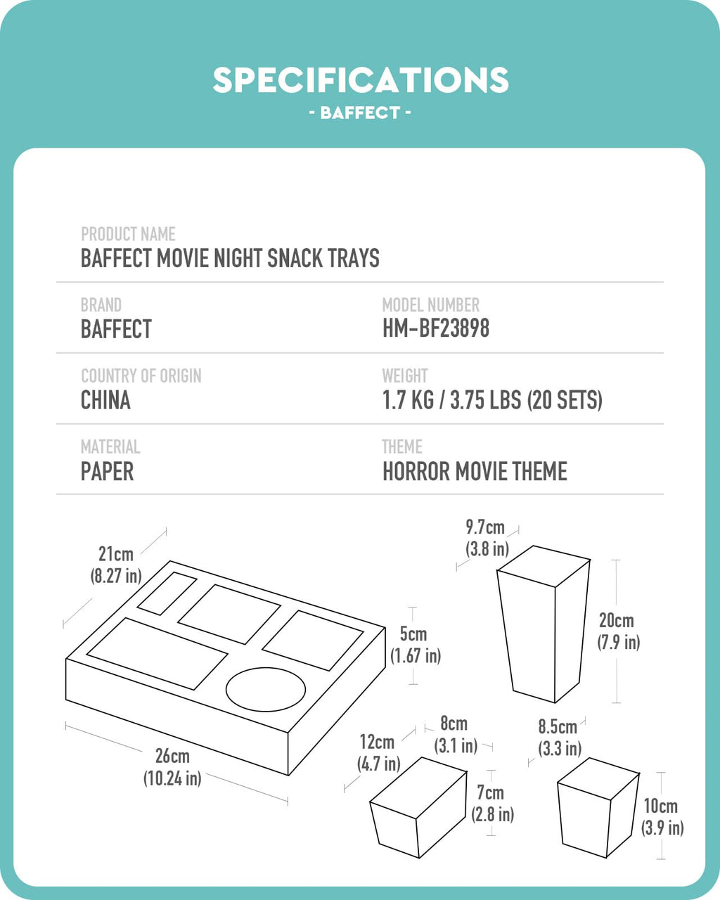 Baffect Movie Night Snack Trays 100pcs Include 20 Movie Night Trays, 20 Popcorn Boxes, 20 Salad Bowls, 20 Nacho Bowls, 20 Movie Party Invitations, Horror Movie Night Supplies for Nacho Bar