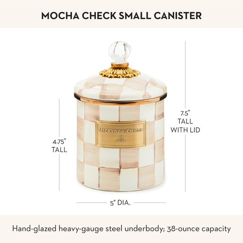 MACKENZIE-CHILDS Small Enamel Canister, Kitchen Storage Container with Lid, Brown-and-White Mocha Check