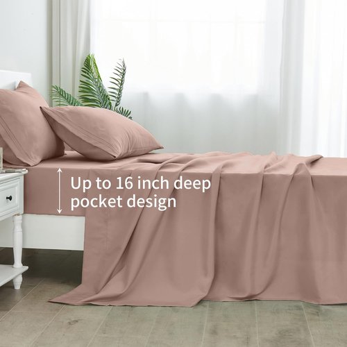 Linenline King Size Sheet Set - Soft & Breathable Bamboo Rayon | 16-Inch Deep Pocket, Dusty Pink, 6-Piece