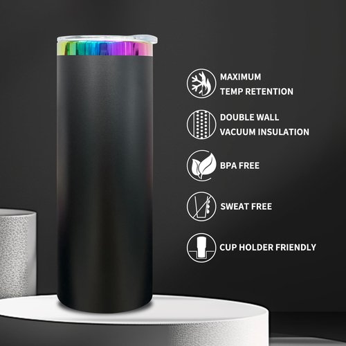 FunTrans 20 oz Skinny Tumblers Stainless Steel Tumbler with Lid and Straw Double Wall Vacuum Insulated Coffee Mug 20oz Powder Coated Cup for Hot and Cold Drinks(Black,8 pack)
